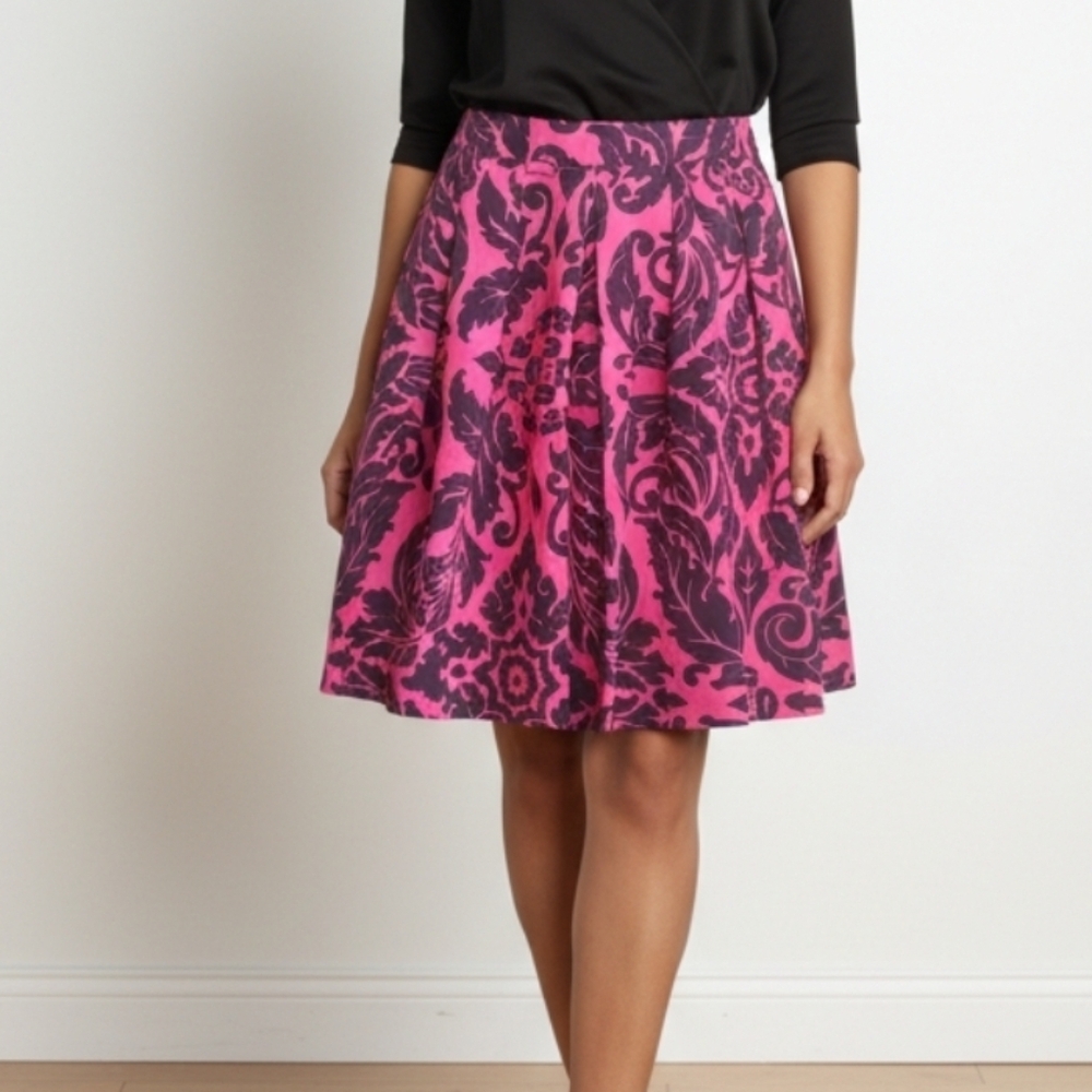 Boden Damask Pleated A-Line Skirt Pink Navy Mid-Mod 8 Statement Print